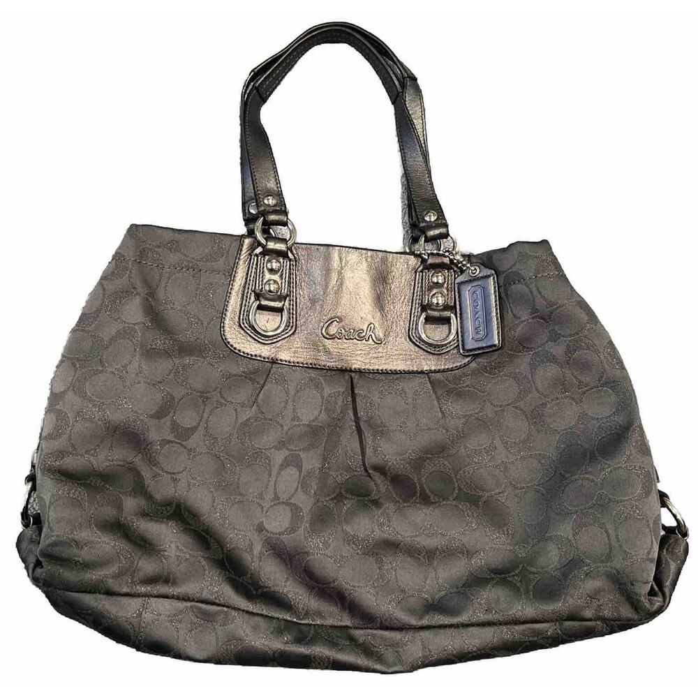 EUC COACH Bag Ashley Metallic Signature C Shoulder Bag Purse Charcoal Gray